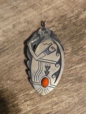Signed Trinidad Trini Lucas Hopi Sterling Silver Overlay Coral Statement Pendant